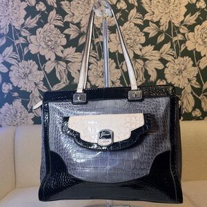 Guess EUC Vintage Black, Gray, and Cream Croc-Embossed Shoulder Bag
